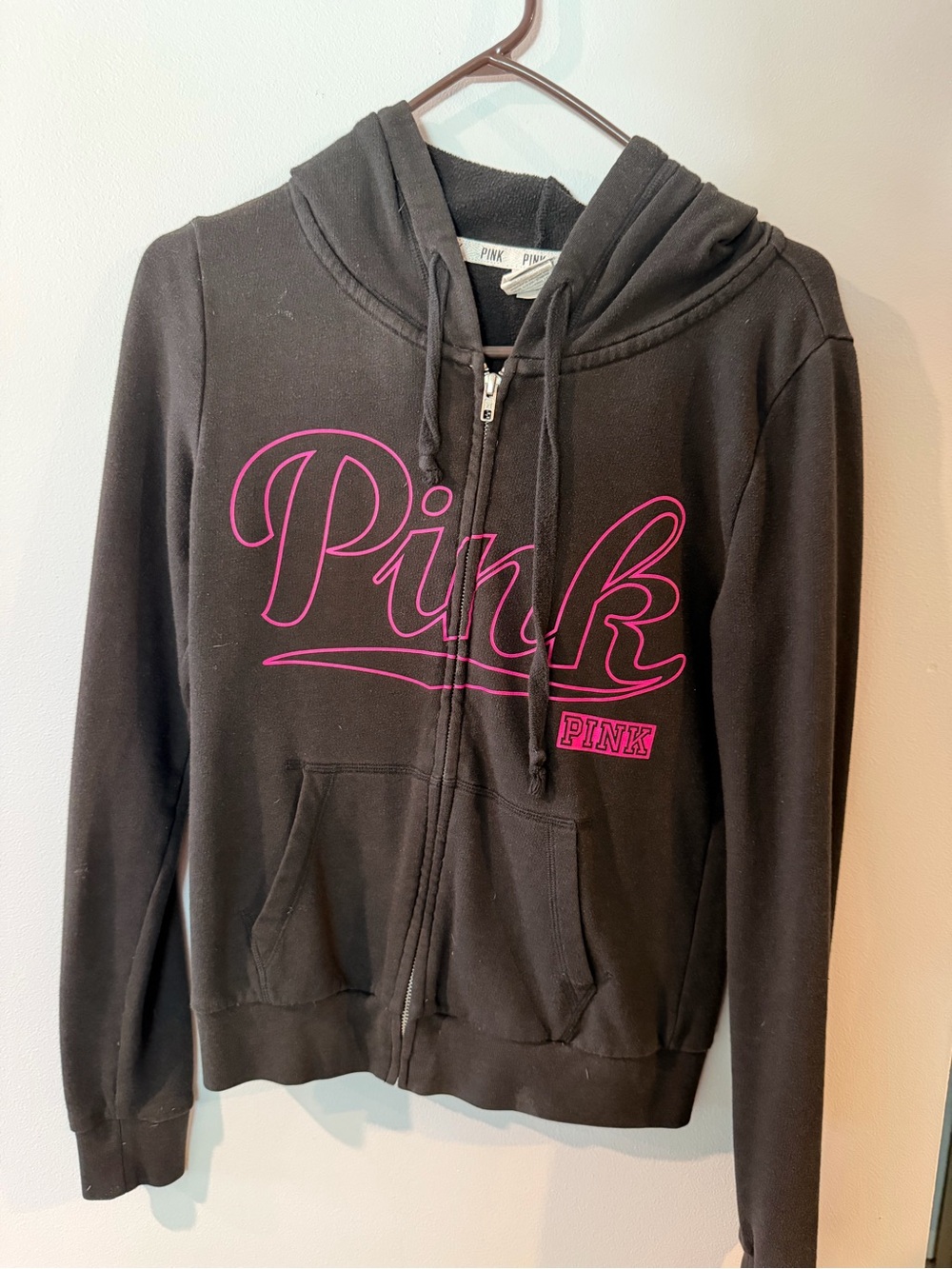 PINK Victoria's Secret Black Zip-Up Hoodie with Pink Logo
